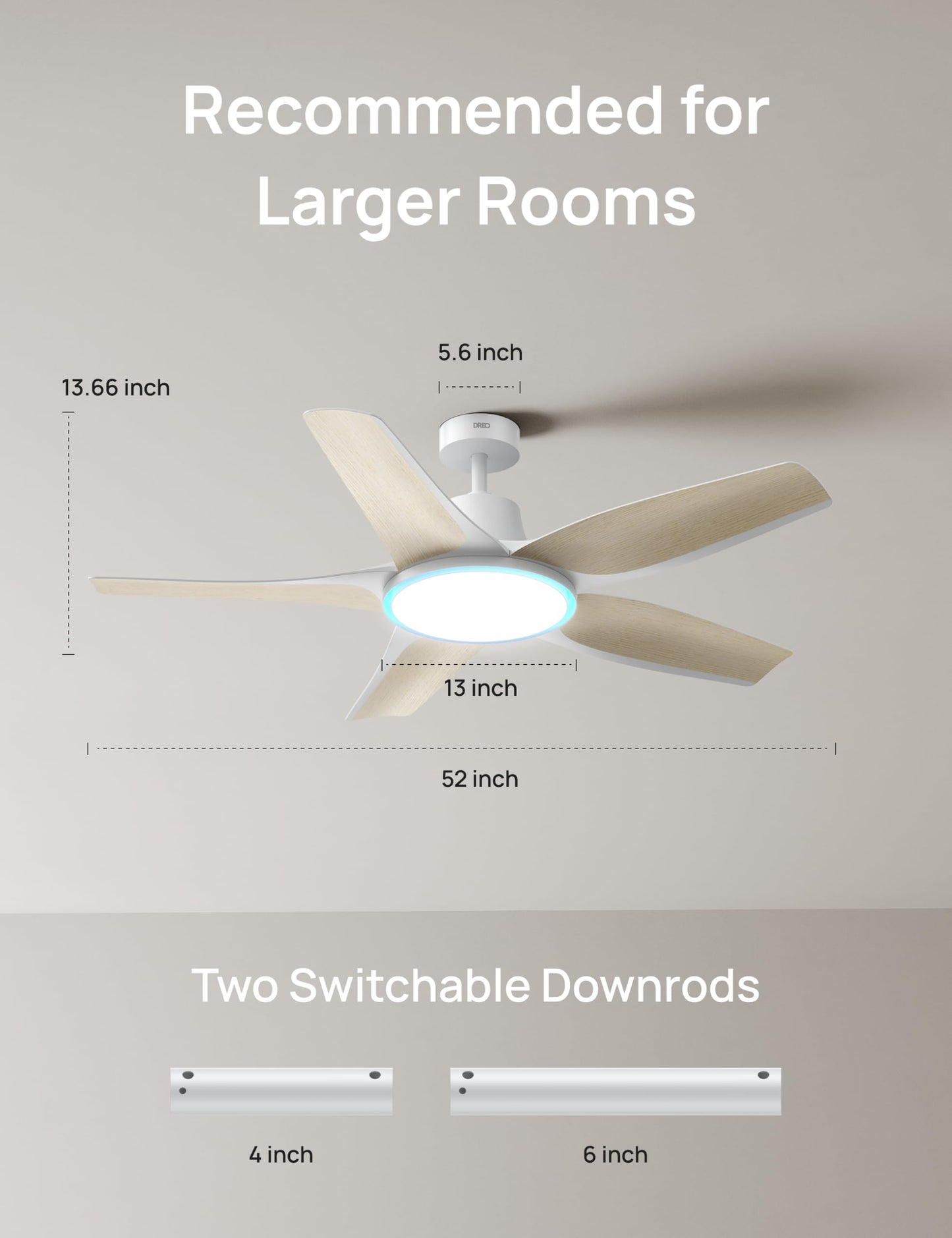 DREO smart ceiling fan with RGB light 52", Alexa/app control, quiet motor