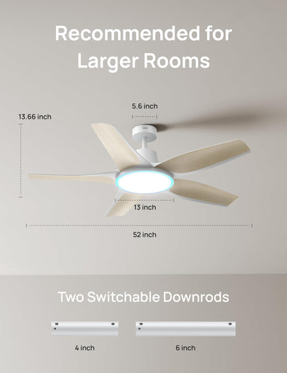 DREO smart ceiling fan with RGB light 52", Alexa/app control, quiet motor