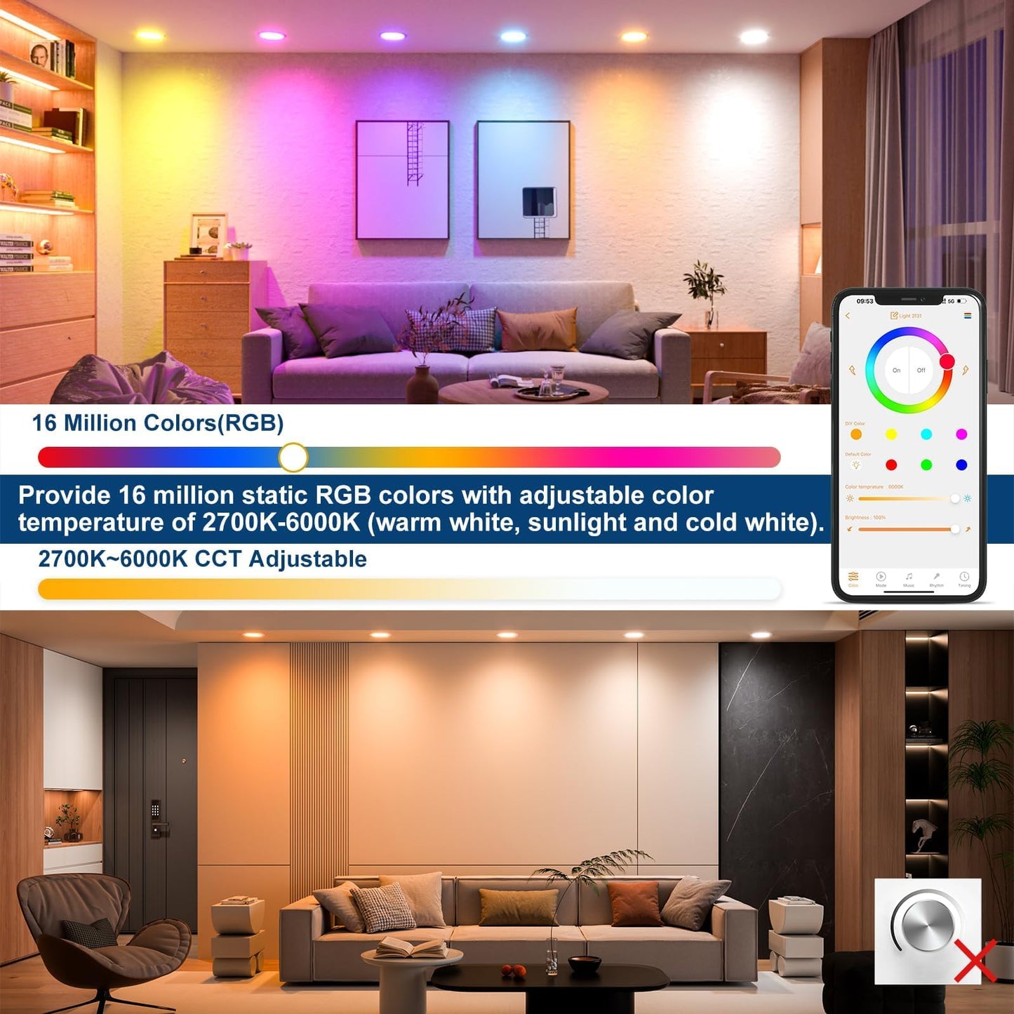 SikSog 24-pack 6" smart recessed RGBCW LED downlights, dimmable Bluetooth + Alexa control