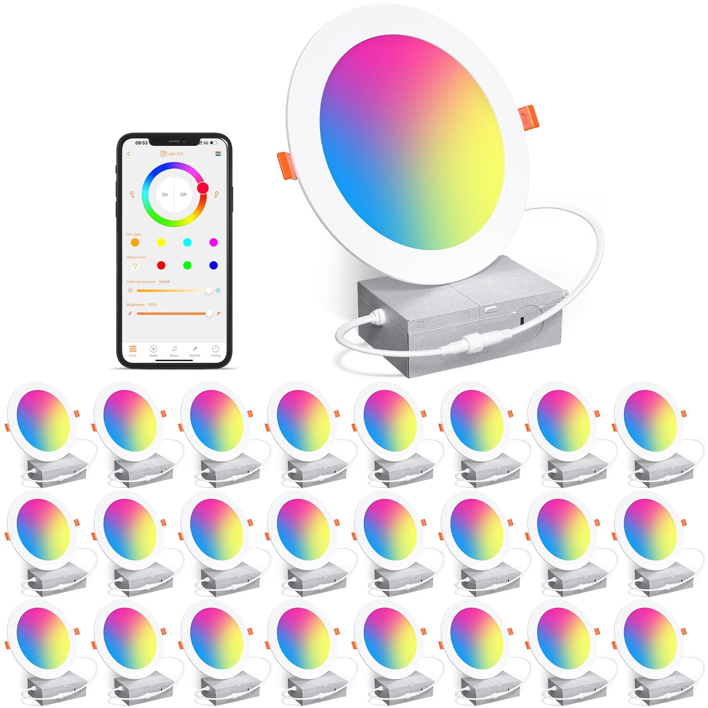 SikSog 24-pack 6" smart recessed RGBCW LED downlights, dimmable Bluetooth + Alexa control