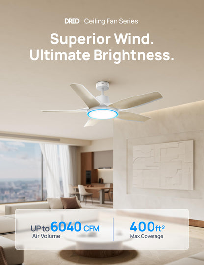 DREO smart ceiling fan with RGB light 52", Alexa/app control, quiet motor