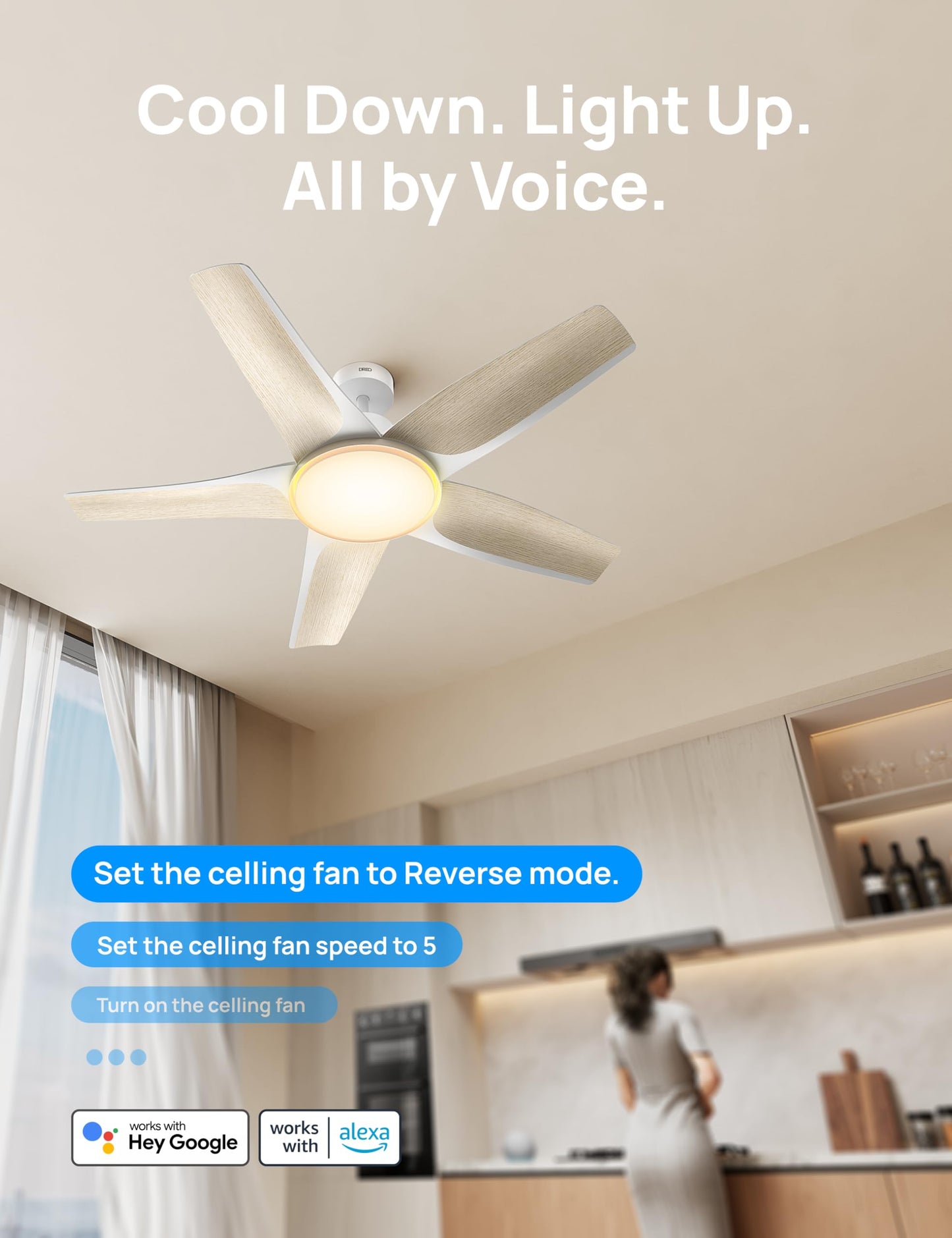 DREO smart ceiling fan with RGB light 52", Alexa/app control, quiet motor