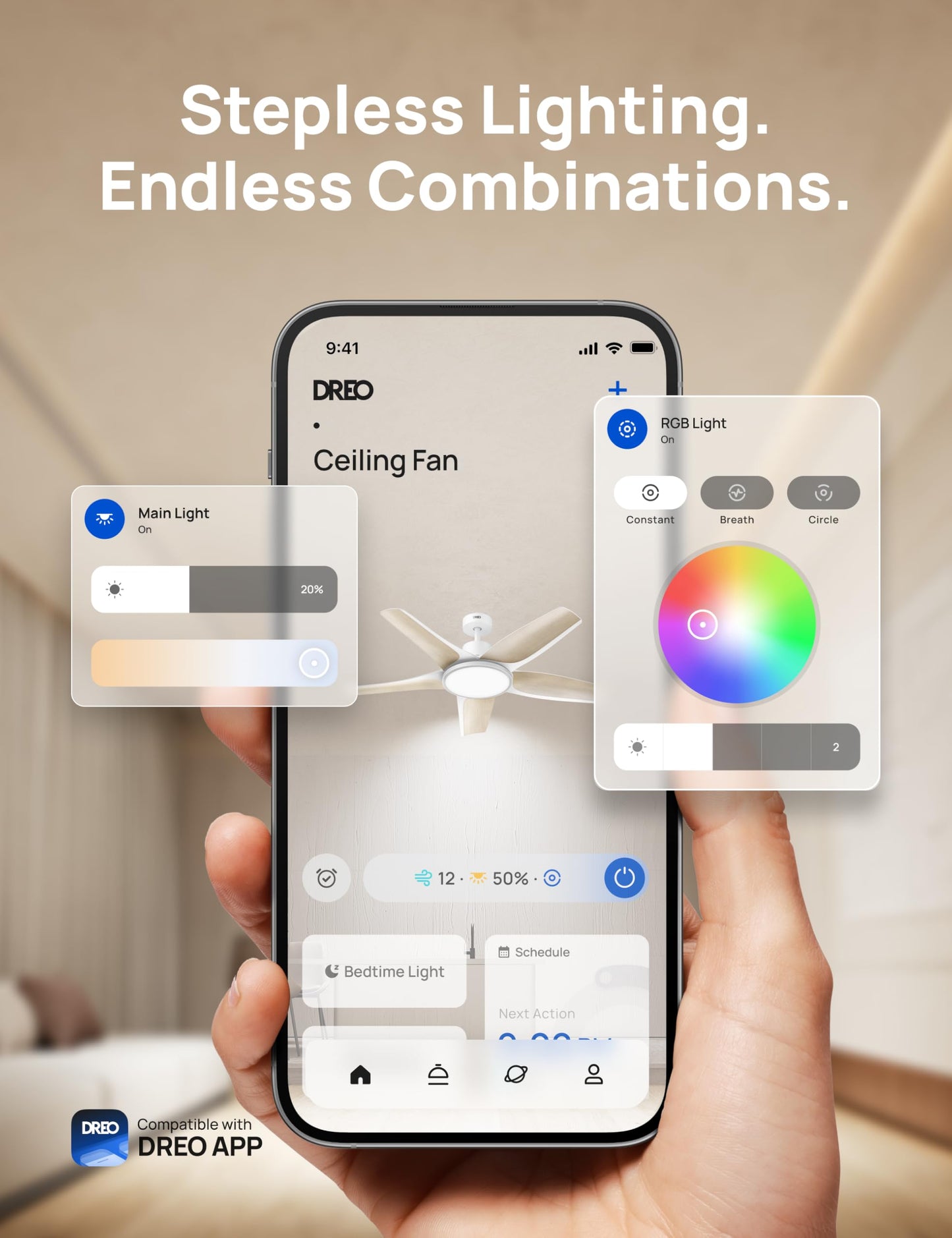 DREO smart ceiling fan with RGB light 52", Alexa/app control, quiet motor